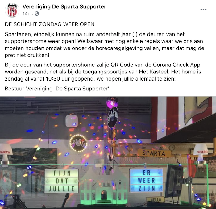 facebook bericht van de supportersvereniging