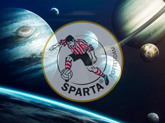 Sparta logo zweeft tussen planeten in