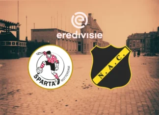 "Historische achtergrond van een straat in Rotterdam met het logo van Sparta Rotterdam en NAC Breda, geplaatst onder het Eredivisie-logo. Begeleid artikel: 'De mijter is opgeborgen, gaat Sparta eindelijk voor zichzelf zorgen?'"