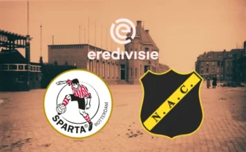 "Historische achtergrond van een straat in Rotterdam met het logo van Sparta Rotterdam en NAC Breda, geplaatst onder het Eredivisie-logo. Begeleid artikel: 'De mijter is opgeborgen, gaat Sparta eindelijk voor zichzelf zorgen?'"